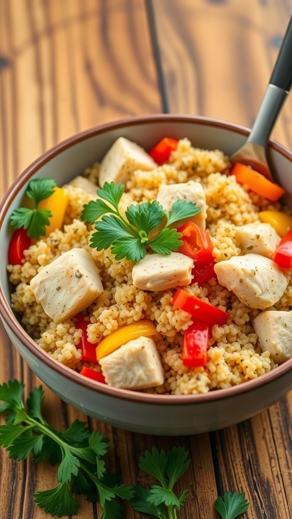 A bowl of quinoa chicken with bell peppers and parsley on a rustic table.